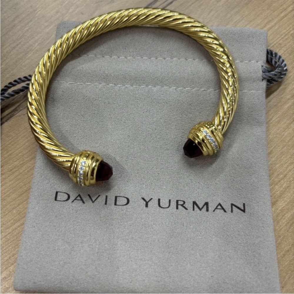 David Yurman Gold Cable Cuff with Garnet Terminals 7mm